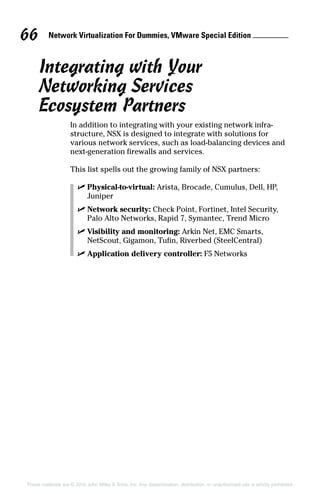 Network Virtualization For Dummies, VMware Special Edition 
66
These materials are © 2016 John Wiley  Sons, Inc. Any dissemination, distribution, or unauthorized use is strictly prohibited.
Integrating with Your
Networking Services
Ecosystem Partners
In addition to integrating with your existing network infra-
structure, NSX is designed to integrate with solutions for
various network services, such as load-balancing devices and
next-generation firewalls and services.
This list spells out the growing family of NSX partners:
✓
✓ Physical-to-virtual: Arista, Brocade, Cumulus, Dell, HP,
Juniper
✓
✓ Network security: Check Point, Fortinet, Intel Security,
Palo Alto Networks, Rapid 7, Symantec, Trend Micro
✓
✓ Visibility and monitoring: Arkin Net, EMC Smarts,
NetScout, Gigamon, Tufin, Riverbed (SteelCentral)
✓
✓ Application delivery controller: F5 Networks
 