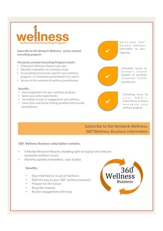  
	
  
	
  
	
  
          Partly	
  Assisted	
  ConsulEng	
  Program	
                                                             U p -­‐ t o -­‐ d a t e	
   3 6 0 °	
  
	
        	
                                                                                                       b u s i n e s s	
   we l l n e s s	
  
	
                                                                                                                 informaEon	
   on	
   your	
  
	
  
       Subscribe	
  to	
  the	
  Network-­‐Wellness:	
  	
  partly	
  assisted	
                        ✔	
        ﬁngerEps.	
  	
  
       consulAng	
  program	
  
                                                                                                                   	
  
	
  
	
     The	
  partly	
  assisted	
  ConsulAng	
  Program	
  entails:	
  
       •  4	
  Research	
  Wellness	
  Reports	
  per	
  year	
  
	
     •  Monthly	
  newsleier	
  on	
  a	
  wellness	
  topic	
                                                          Immediate	
   access	
   to	
  
	
                                                                                                                        E u r o p e ’ s	
   l a r g e s t	
  
       •  4	
  consulEng	
  hours	
  to	
  be	
  used	
  for	
  your	
  wellness	
  
                                                                                                                          network	
   of	
   proacEve	
  
	
        program-­‐	
  or	
  interacEve	
  presentaEon	
  of	
  a	
  report	
                          ✔	
               c o r p o r a t e	
   h e a l t h	
  
       •  Access	
  to	
  the	
  network	
  of	
  wellness	
  pracEEoners	
                                               pracEEoners.	
  
	
  
	
                                                                                                                        	
  
        Beneﬁts:	
  	
  
        •  Easy	
  integraEon	
  into	
  your	
  wellness	
  program	
  
                                                                                                                                 ConsulEng	
   hours	
   for	
  
        •  Saves	
  you	
  costly	
  experiments	
  
                                                                                                                                 y o u r 	
   Q & A ’ s ,	
  
        •  Immediate	
  results	
  in	
  engagement	
  and	
  wellness	
  
        •  Saves	
  Eme	
  and	
  hassle	
  ﬁnding	
  qualiﬁed	
  and	
  insured	
                      ✔	
                      PresentaEon	
  or	
  help	
  in	
  
                                                                                                                                 m a n a g i n g 	
   y o u r	
  
           pracEEoners	
                                                                                                         wellness	
  program.	
  




                                                                                       Subscribe	
  to	
  the	
  Network-­‐Wellness:	
  	
  
                                                                                        360°Wellness	
  Business	
  InformaEon	
  
        	
  
        360°	
  Wellness	
  Business	
  subscripAon	
  contains:	
  
        	
  
        •  4	
  Market	
  Research	
  Reports	
  shedding	
  light	
  on	
  topical	
  and	
  relevant	
  
             corporate	
  wellness	
  issues	
  
        •  Monthly	
  updates	
  newsleiers,	
  case	
  studies	
  

                 Beneﬁts:	
  
                 	
  
                 •  Stay	
  informed	
  on	
  issues	
  of	
  wellness	
  
                 •  Path	
  the	
  way	
  to	
  your	
  360°	
  wellness	
  business	
  
                 •  Prepare	
  for	
  the	
  future	
  
                 •  Reap	
  the	
  rewards	
  	
  
                 •  Realize	
  engagement	
  with	
  ease	
  
                 	
  
                                                                                                                                                         7	
  
 