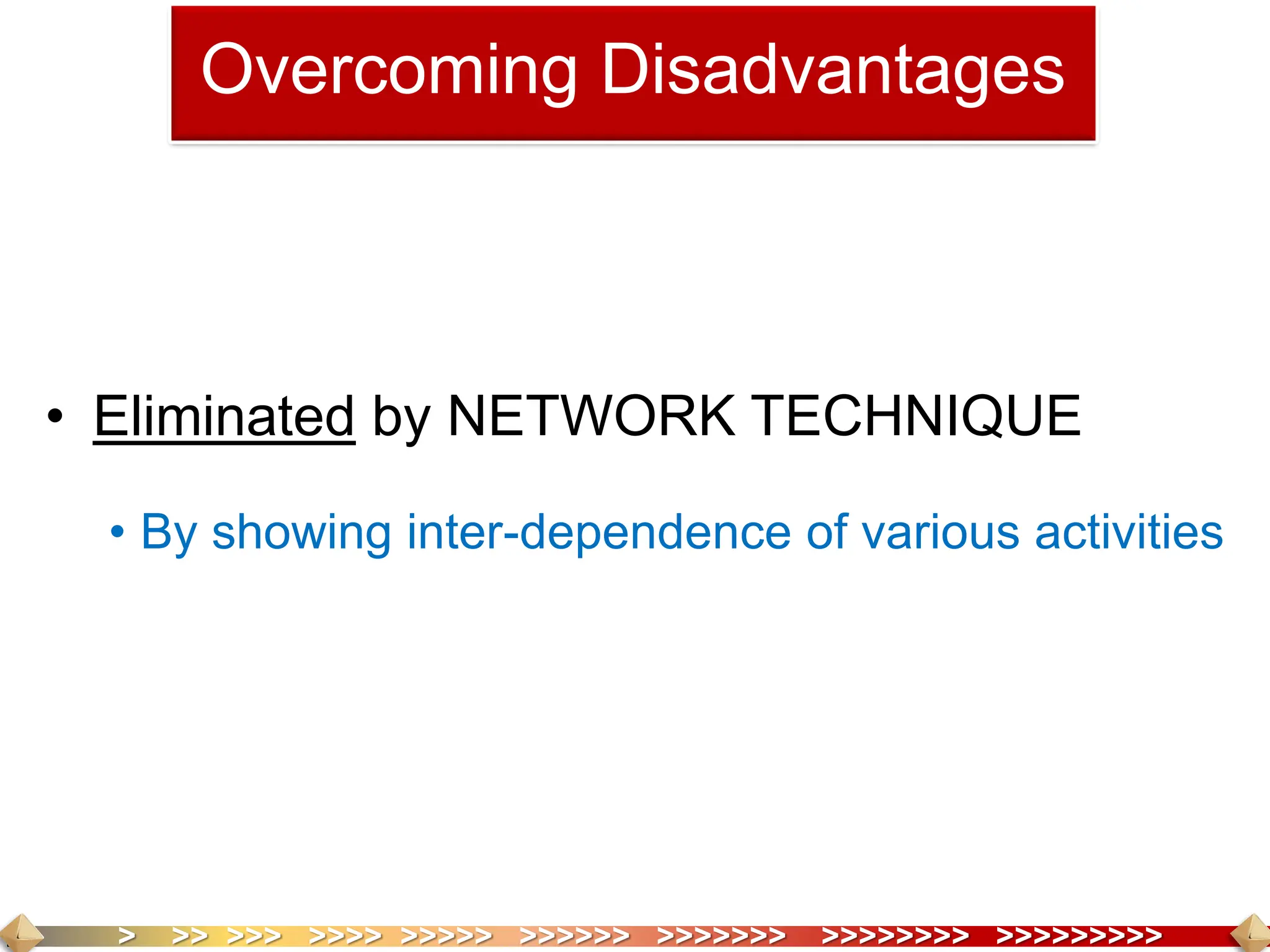> >> >>> >>>> >>>>> >>>>>> >>>>>>> >>>>>>>> >>>>>>>>>
• Eliminated by NETWORK TECHNIQUE
• By showing inter-dependence of various activities
Overcoming Disadvantages
 