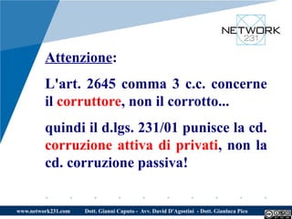 Attenzione:
         L'art. 2645 comma 3 c.c. concerne
         il corruttore, non il corrotto...
         quindi il d.lgs. 231/01 punisce la cd.
         corruzione attiva di privati, non la
         cd. corruzione passiva!


www.network231.com   Dott. Gianni Caputo - Avv. David D'Agostini - Dott. Gianluca Pico
 