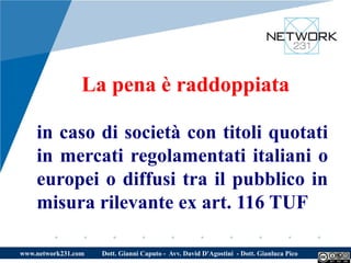 La pena è raddoppiata

    in caso di società con titoli quotati
    in mercati regolamentati italiani o
    europei o diffusi tra il pubblico in
    misura rilevante ex art. 116 TUF

www.network231.com   Dott. Gianni Caputo - Avv. David D'Agostini - Dott. Gianluca Pico
 