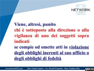 Viene, altresì, punito
         chi è sottoposto alla direzione o alla
         vigilanza di uno dei soggetti sopra
         indicati
         se compie od omette atti in violazione
         degli obblighi inerenti al suo ufficio o
         degli obblighi di fedeltà
www.network231.com   Dott. Gianni Caputo - Avv. David D'Agostini - Dott. Gianluca Pico
 