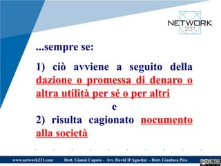 ...sempre se:
          1) ciò avviene a seguito della
          dazione o promessa di denaro o
          altra utilità per sé o per altri
                            e
          2) risulta cagionato nocumento
          alla società

www.network231.com   Dott. Gianni Caputo - Avv. David D'Agostini - Dott. Gianluca Pico
 