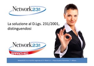 Network231 è un marchio registrato di LF ITALIA S.r.l. – Piazza Quattro Novembre, 7 - Milano
La soluzione al D.Lgs. 231/2001,
distinguendosi
 