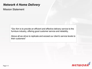 Network 4 Home Delivery
Mission Statement




            “Our Aim is to provide an efficient and effective delivery service to the
            furniture industry, offering good customer service and reliability.

            Above all we strive to replicate and exceed our client’s service levels to
            their customers”




                                                                                        YOUR LOGO
Page  11
 