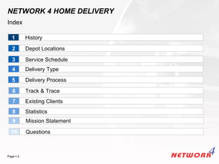 NETWORK 4 HOME DELIVERY
Index

   1       History

   2       Depot Locations

   3       Service Schedule
   4       Delivery Type
   5       Delivery Process

   6       Track & Trace
   7       Existing Clients
   8       Statistics
   9       Mission Statement

  10       Questions


                               YOUR LOGO
Page  2
 