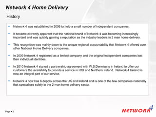 Network 4 Home Delivery
 History

      Network 4 was established in 2006 to help a small number of independent companies.

      It became extremly apparent that the national brand of Network 4 was becoming increasingly
       important and was quickly gaining a reputation as the industry leaders in 2 man home delivery.

      This recognition was mainly down to the unique regional accountability that Network 4 offered over
       other National Home Delivery companies.

      In 2009 Network 4 registered as a limited company and the original independent companies lost
       their individual identities.

      In 2010 Network 4 signed a partnership agreement with W.S.Dennisons in Ireland to offer our
       customers the availability to provide a service in ROI and Northern Ireland. Network 4 Ireland is
       now an integral part of our service.

      Network 4 now has 6 depots across the UK and Ireland and is one of the few companies nationally
       that specialises solely in the 2 man home delivery sector.




                                                                                           YOUR LOGO
Page  3
 