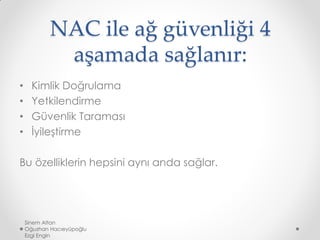 NAC ile ağ güvenliği 4
aşamada sağlanır:
• Kimlik Doğrulama
• Yetkilendirme
• Güvenlik Taraması
• İyileştirme
Bu özelliklerin hepsini aynı anda sağlar.
Sinem Altan
Oğuzhan Hacıeyüpoğlu
Ezgi Engin
 