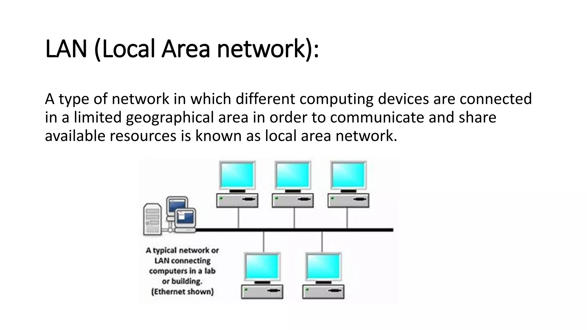 LAN (Local Area network):
A type of network in which different computing devices are connected
in a limited geographical area in order to communicate and share
available resources is known as local area network.
 