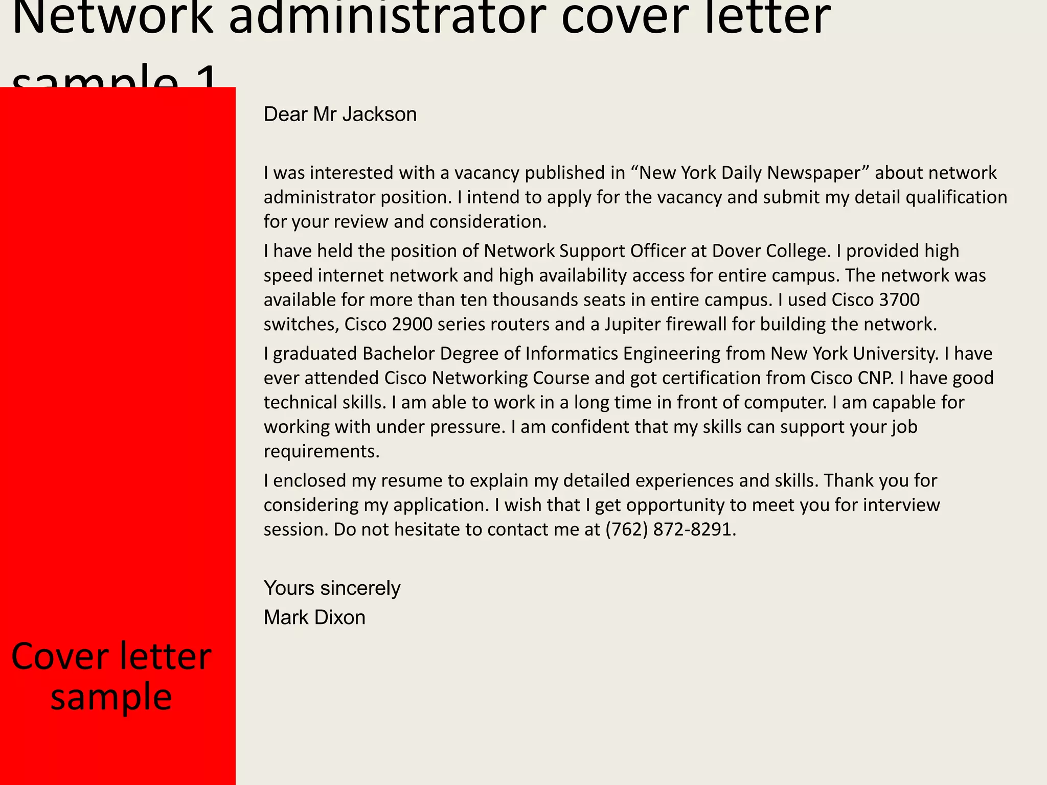 Network administrator cover letter | PPTX