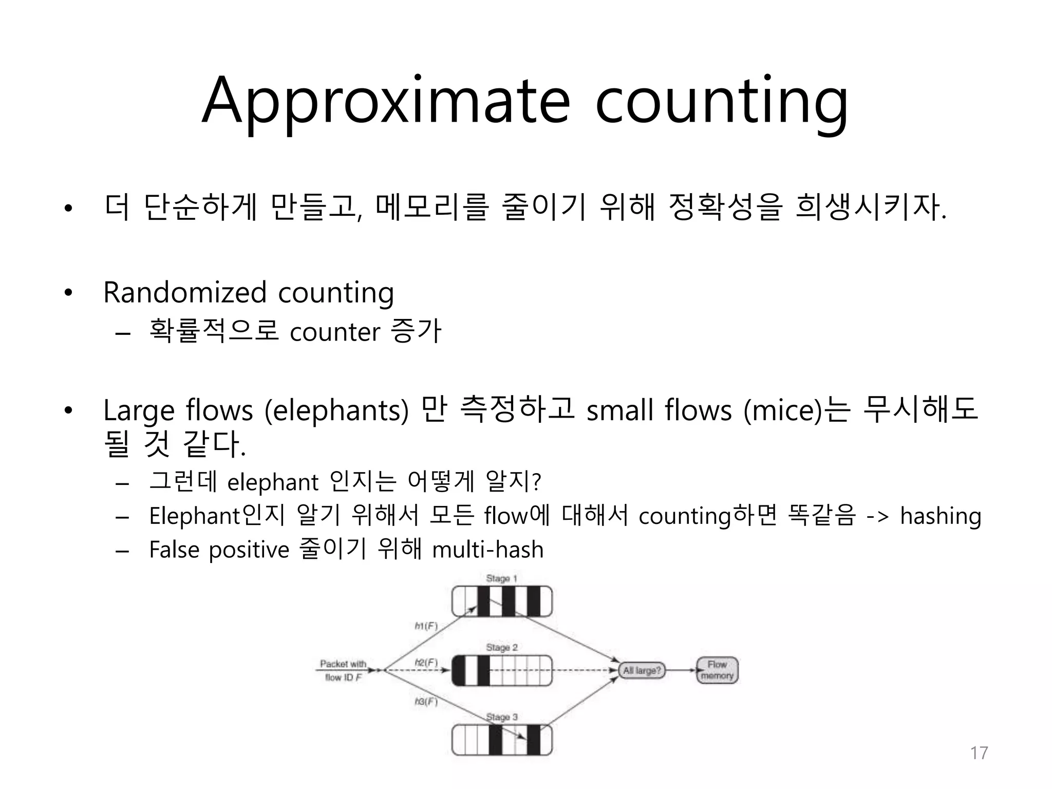 Approximate counting
• 더 단순하게 만들고, 메모리를 줄이기 위해 정확성을 희생시키자.
• Randomized counting
– 확률적으로 counter 증가
• Large flows (elephants) 만 측정하고 small flows (mice)는 무시해도
될 것 같다.
– 그런데 elephant 인지는 어떻게 알지?
– Elephant인지 알기 위해서 모든 flow에 대해서 counting하면 똑같음 -> hashing
– False positive 줄이기 위해 multi-hash
17
 