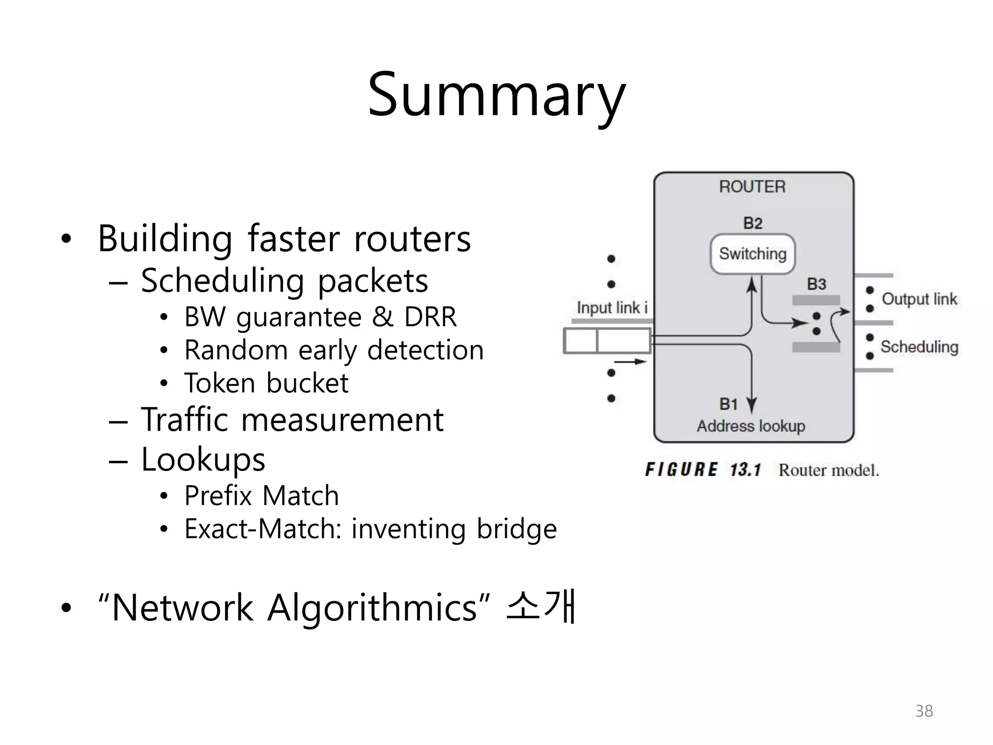 Summary
• Building faster routers
– Scheduling packets
• BW guarantee & DRR
• Random early detection
• Token bucket
– Traffic measurement
– Lookups
• Prefix Match
• Exact-Match: inventing bridge
• “Network Algorithmics” 소개
38
 