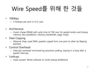 Wire Speed를 위해 한 것들
• 10Mbps
– 2 lookups per port in 51.2 usec
• Architecture
– 4-port cheap DRAM with cycle time of 100 nsec for packet bufers and lookup
memory. Bus parallelism, memory bandwidth, page mode.
• Data Copying
– Ethernet chips used DMA, packets copied from one port to other by flipping
pointers.
• Control Overhead
– Interrupt overhead minimized by processor polling, staying in a loop after a
packet interrupt.
• Lookups
– Used caveats. Wrote software to verify lookup bottleneck
28
 