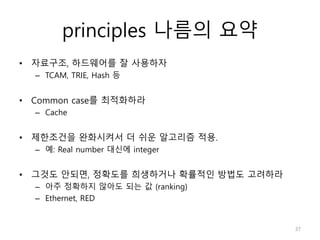 principles 나름의 요약
• 자료구조, 하드웨어를 잘 사용하자
– TCAM, TRIE, Hash 등
• Common case를 최적화하라
– Cache
• 제한조건을 완화시켜서 더 쉬운 알고리즘 적용.
– 예: Real number 대신에 integer
• 그것도 안되면, 정확도를 희생하거나 확률적인 방법도 고려하라
– 아주 정확하지 않아도 되는 값 (ranking)
– Ethernet, RED
37
 
