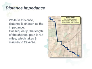 Distance ImpedanceWhile In this case, distance is chosen as the impedance. Consequently, the length of the shortest path is 4.4 miles, which takes 9 minutes to traverse.