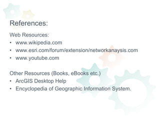 Location-AllocationThe objective may be to minimize the overall distance between demand points and facilities.Maximize the number of demand points covered within a certain distance of facilities.For instant example map below shows the results of a location-allocation analysis meant to determine which fire stations are redundant. The following information was provided to the solver: an array of fire stations (facilities), street midpoints (demand points), and a maximum allowable response time. The response time is the time it takes firefighters to reach a given location. The location-allocation solver determined that the fire department can close several fire stations and still maintain a three minute response time.Location-AllocationOut of the current set of fire stations, nine fire stations can close, and aminimum of seven are needed for the department to still be able torespond to emergencies within three minutes.