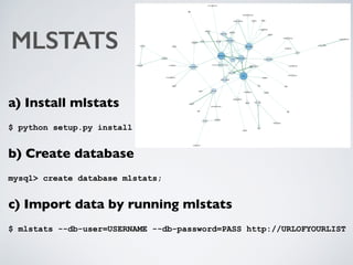 MLSTATS
a) Install mlstats
$ python setup.py install
b) Create database
mysql> create database mlstats;
c) Import data by running mlstats
$ mlstats --db-user=USERNAME --db-password=PASS http://URLOFYOURLIST
 