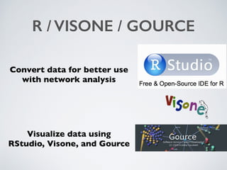 R / VISONE / GOURCE
Convert data for better use
with network analysis
Visualize data using 
RStudio, Visone, and Gource
 