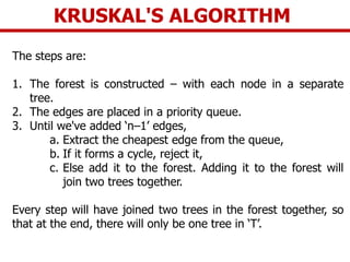The steps are:
1. The forest is constructed – with each node in a separate
tree.
2. The edges are placed in a priority queue.
3. Until we've added ‘n–1’ edges,
a. Extract the cheapest edge from the queue,
b. If it forms a cycle, reject it,
c. Else add it to the forest. Adding it to the forest will
join two trees together.
Every step will have joined two trees in the forest together, so
that at the end, there will only be one tree in ‘T’.
KRUSKAL'S ALGORITHM
 