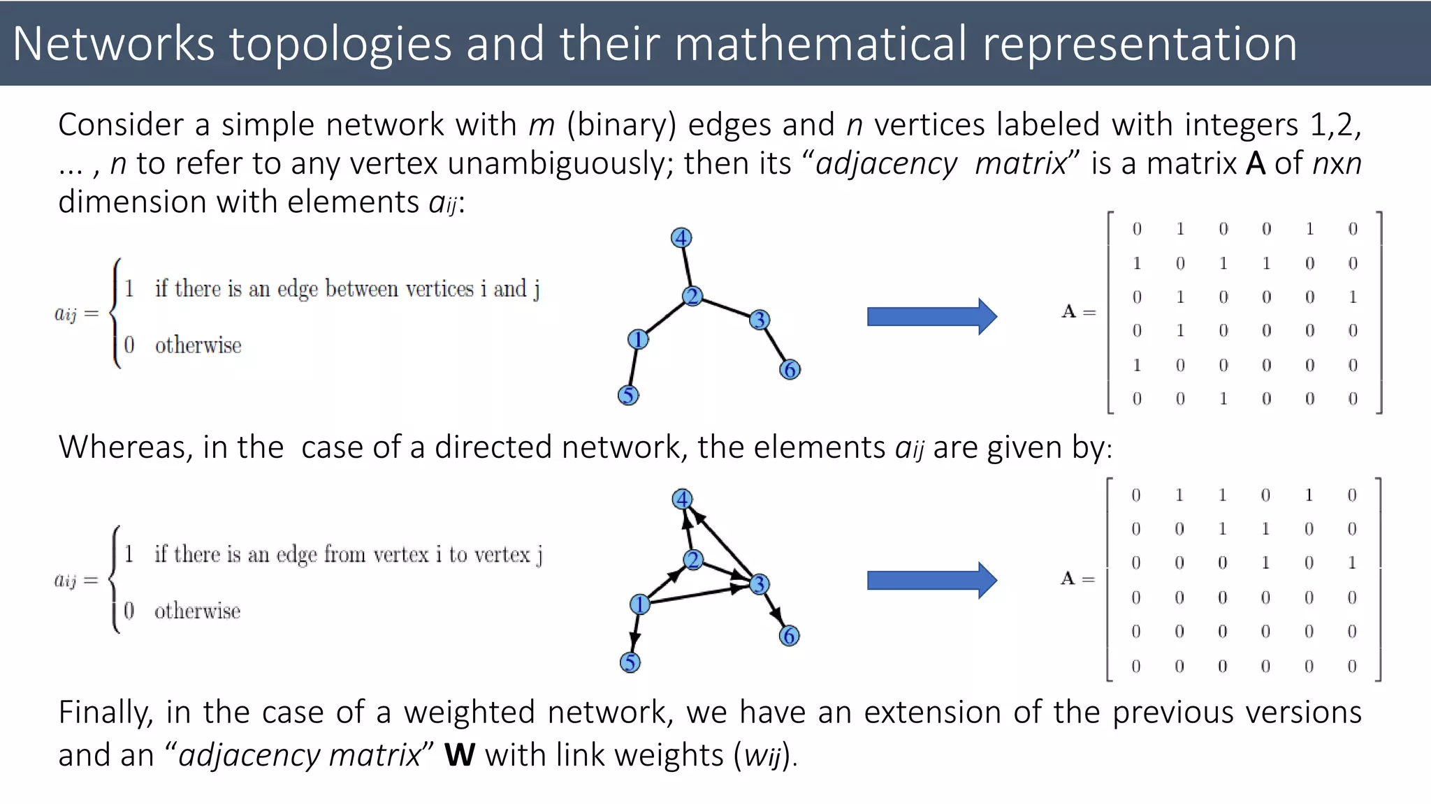 Networks topologies and their mathematical representation
Consider a simple network with m (binary) edges and n vertices labeled with integers 1,2,
... , n to refer to any vertex unambiguously; then its “adjacency matrix” is a matrix A of nxn
dimension with elements aij:
Whereas, in the case of a directed network, the elements aij are given by:
Finally, in the case of a weighted network, we have an extension of the previous versions
and an “adjacency matrix” W with link weights (wij).
 