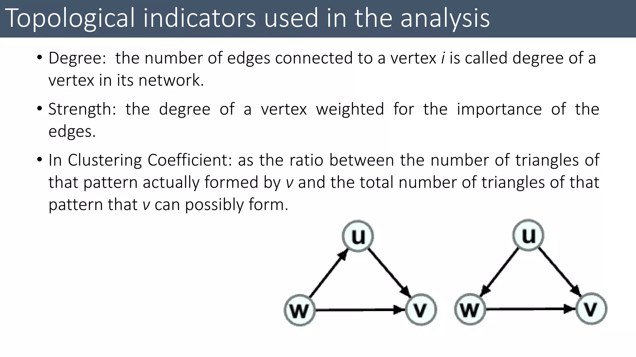Topological indicators used in the analysis
• Degree: the number of edges connected to a vertex i is called degree of a
vertex in its network.
• Strength: the degree of a vertex weighted for the importance of the
edges.
• In Clustering Coefficient: as the ratio between the number of triangles of
that pattern actually formed by v and the total number of triangles of that
pattern that v can possibly form.
 