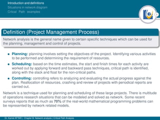 3
Introduction and deﬁnitions
Situations in network diagram
Crtical Path examples
Deﬁnition (Project Management Process)
Network analysis is the general name given to certain speciﬁc techniques which can be used for
the planning, management and control of projects.
• Planning: planning involves setting the objectives of the project. Identifying various activities
to be performed and determining the requirement of resources.
• Scheduling: based on the time estimates, the start and ﬁnish times for each activity are
worked out by applying forward and backward pass techniques, critical path is identiﬁed,
along with the slack and ﬂoat for the non-critical paths.
• Controlling: controlling refers to analyzing and evaluating the actual progress against the
plan. Reallocation of resources, crashing and review of projects with periodical reports are
carried out.
Network is a technique used for planning and scheduling of these large projects. There is multitude
of operations research situations that can be modeled and solved as network. Some recent
surveys reports that as much as 70% of the real-world mathematical programming problems can
be represented by network related models.
Dr. Kamel ATTAR | Chapter 5: Network analysis | Critical Path Analysis
 