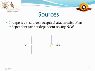Sources
 Independent sources: output characteristics of an
independent are not dependent on any N/W
5/16/2021 14
V V(t)
 