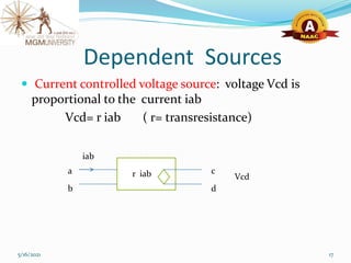 Dependent Sources
 Current controlled voltage source: voltage Vcd is
proportional to the current iab
Vcd= r iab ( r= transresistance)
5/16/2021 17
a
b
iab
c
d
r iab Vcd
 