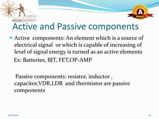 Active and Passive components
 Active components: An element which is a source of
electrical signal or which is capable of increasing of
level of signal energy is turned as an active elements
Ex: Batteries, BJT, FET,OP-AMP
Passive components: resistor, inductor ,
capacitor,VDR,LDR and thermistor are passive
components
5/16/2021 22
 