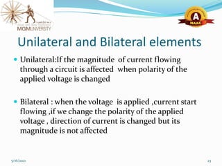 Unilateral and Bilateral elements
 Unilateral:If the magnitude of current flowing
through a circuit is affected when polarity of the
applied voltage is changed
 Bilateral : when the voltage is applied ,current start
flowing ,if we change the polarity of the applied
voltage , direction of current is changed but its
magnitude is not affected
5/16/2021 23
 
