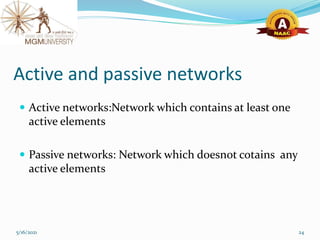 Active and passive networks
5/16/2021 24
 Active networks:Network which contains at least one
active elements
 Passive networks: Network which doesnot cotains any
active elements
 