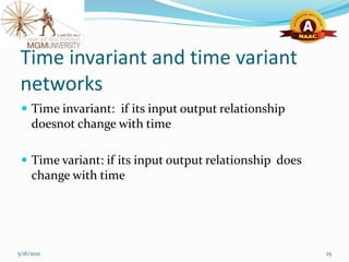 Time invariant and time variant
networks
 Time invariant: if its input output relationship
doesnot change with time
 Time variant: if its input output relationship does
change with time
5/16/2021 25
 