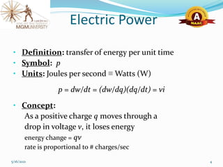 Electric Power
• Definition: transfer of energy per unit time
• Symbol: p
• Units: Joules per second ≡ Watts (W)
p = dw/dt = (dw/dq)(dq/dt) = vi
• Concept:
As a positive charge q moves through a
drop in voltage v, it loses energy
energy change = qv
rate is proportional to # charges/sec
5/16/2021 4
 