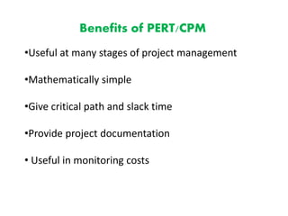 Benefits of PERT/CPM
•Useful at many stages of project management
•Mathematically simple
•Give critical path and slack time
•Provide project documentation
• Useful in monitoring costs
 
