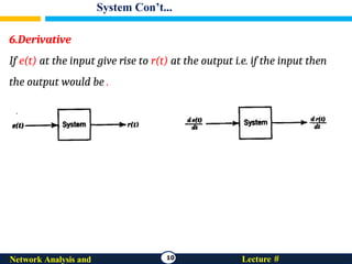 System Con’t...
10 Lecture #
Network Analysis and
6.Derivative
If e(t) at the input give rise to r(t) at the output i.e. if the input then
the output would be .
 