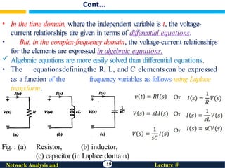 Cont…
• In the time domain, where the independent variable is t, the voltage-
current relationships are given in terms of differential equations.
• But, in the complex-frequency domain, the voltage-current relationships
for the elements are expressed in algebraic equations.
 Algebraic equations are more easily solved than differential equations.
• The equationsdefiningthe R, L, and C elementscan be expressed
as a function of the frequency variables as follows using Laplace
transform.
Fig. : (a) Resistor, (b) inductor,
(c) capacitor (in Laplace domain)
19 Lecture #
Network Analysis and
 