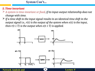 System Con’t...
9 Lecture #
Network Analysis and
5. Time invariant
 A system is time-invariant or fixed, if its input-output relationship does not
change with time.
 If a time shift in the input signal results in an identical time shift in the
output signal i.e., r(t) is the output of the system when e(t) is the input,
then r(t ± T) is the output when e(t ± T) is applied.
 