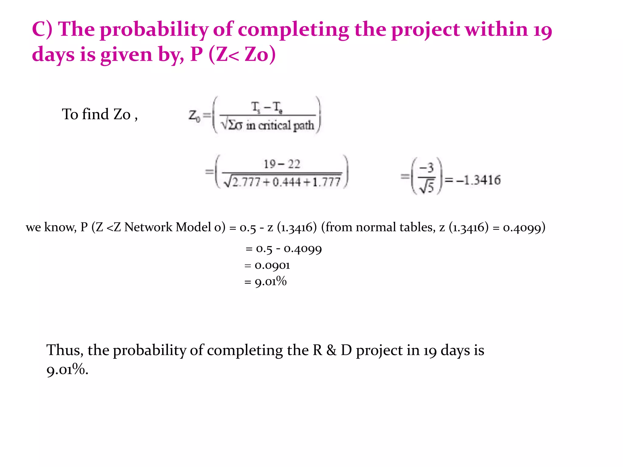 C) The probability of completing the project within 19
days is given by, P (Z< Z0)
To find Zo ,
we know, P (Z <Z Network Model o) = 0.5 - z (1.3416) (from normal tables, z (1.3416) = 0.4099)
= 0.5 - 0.4099
= 0.0901
= 9.01%
Thus, the probability of completing the R & D project in 19 days is
9.01%.
 