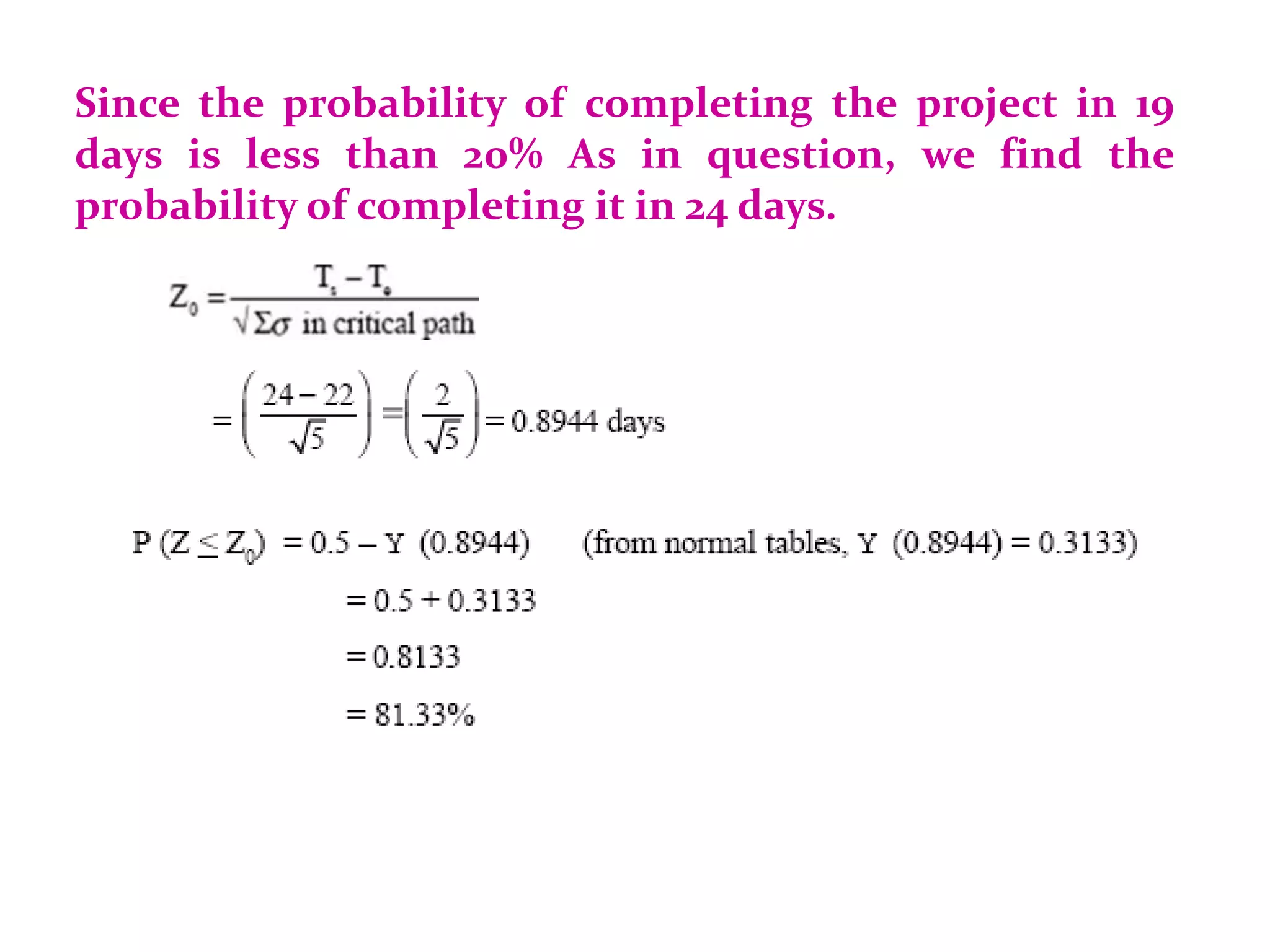 Since the probability of completing the project in 19
days is less than 20% As in question, we find the
probability of completing it in 24 days.
 