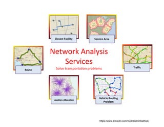 Route
Closest Facility
Vehicle Routing
Problem
Location‐Allocation
Network Analysis 
Services
Solve transportation problems Traffic
Service Area
https://www.linkedin.com/in/dribrahimbathisk/
 