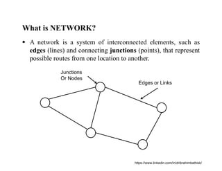What is NETWORK?
 A network is a system of interconnected elements, such as
edges (lines) and connecting junctions (points), that represent
possible routes from one location to another.
Edges or Links
Junctions
Or Nodes
https://www.linkedin.com/in/dribrahimbathisk/
 