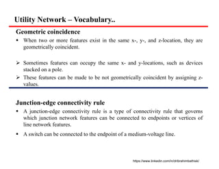 Utility Network – Vocabulary..
Geometric coincidence
 When two or more features exist in the same x-, y-, and z-location, they are
geometrically coincident.
 Sometimes features can occupy the same x- and y-locations, such as devices
stacked on a pole.
 These features can be made to be not geometrically coincident by assigning z-
values.
Junction-edge connectivity rule
 A junction-edge connectivity rule is a type of connectivity rule that governs
which junction network features can be connected to endpoints or vertices of
line network features.
 A switch can be connected to the endpoint of a medium-voltage line.
https://www.linkedin.com/in/dribrahimbathisk/
 