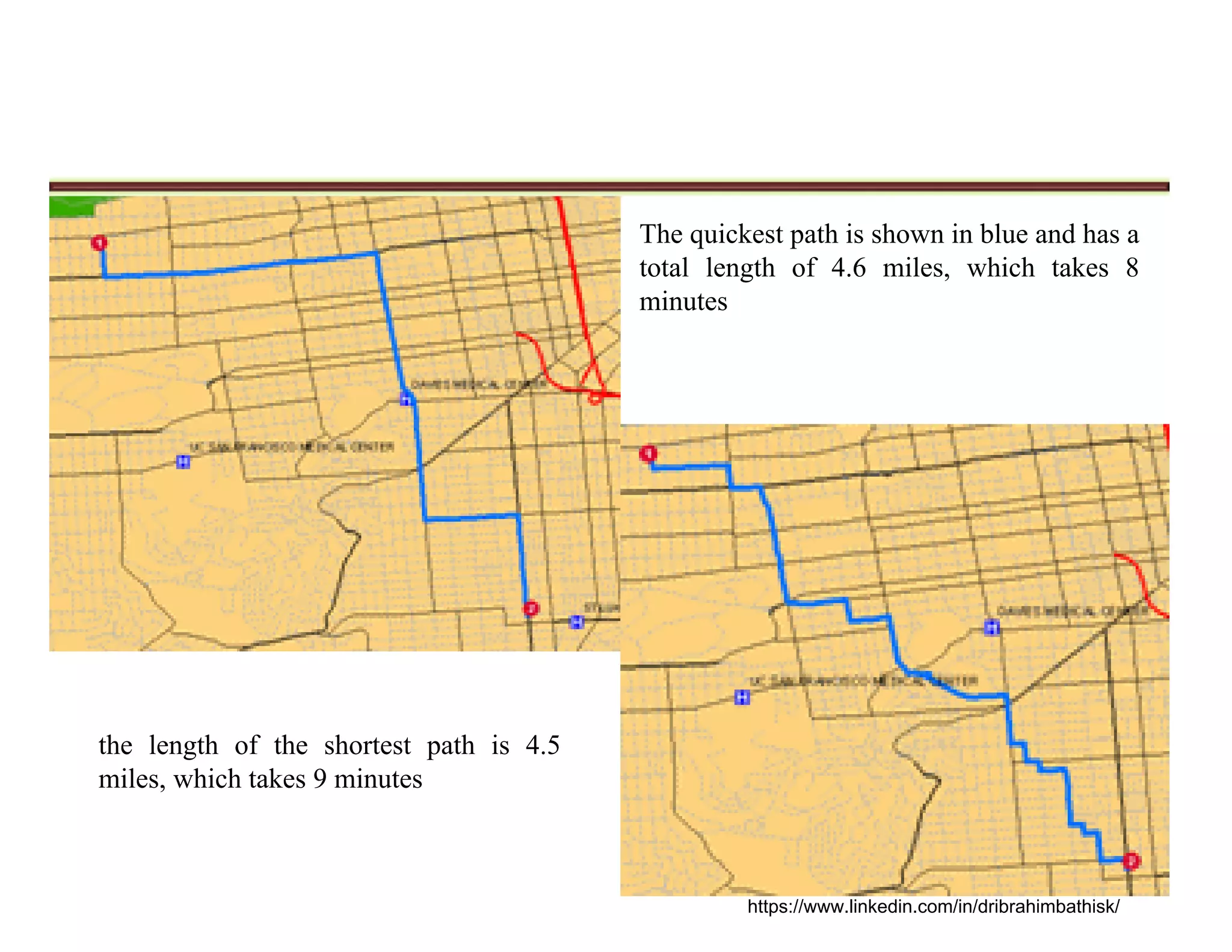 The quickest path is shown in blue and has a
total length of 4.6 miles, which takes 8
minutes
the length of the shortest path is 4.5
miles, which takes 9 minutes
https://www.linkedin.com/in/dribrahimbathisk/
 