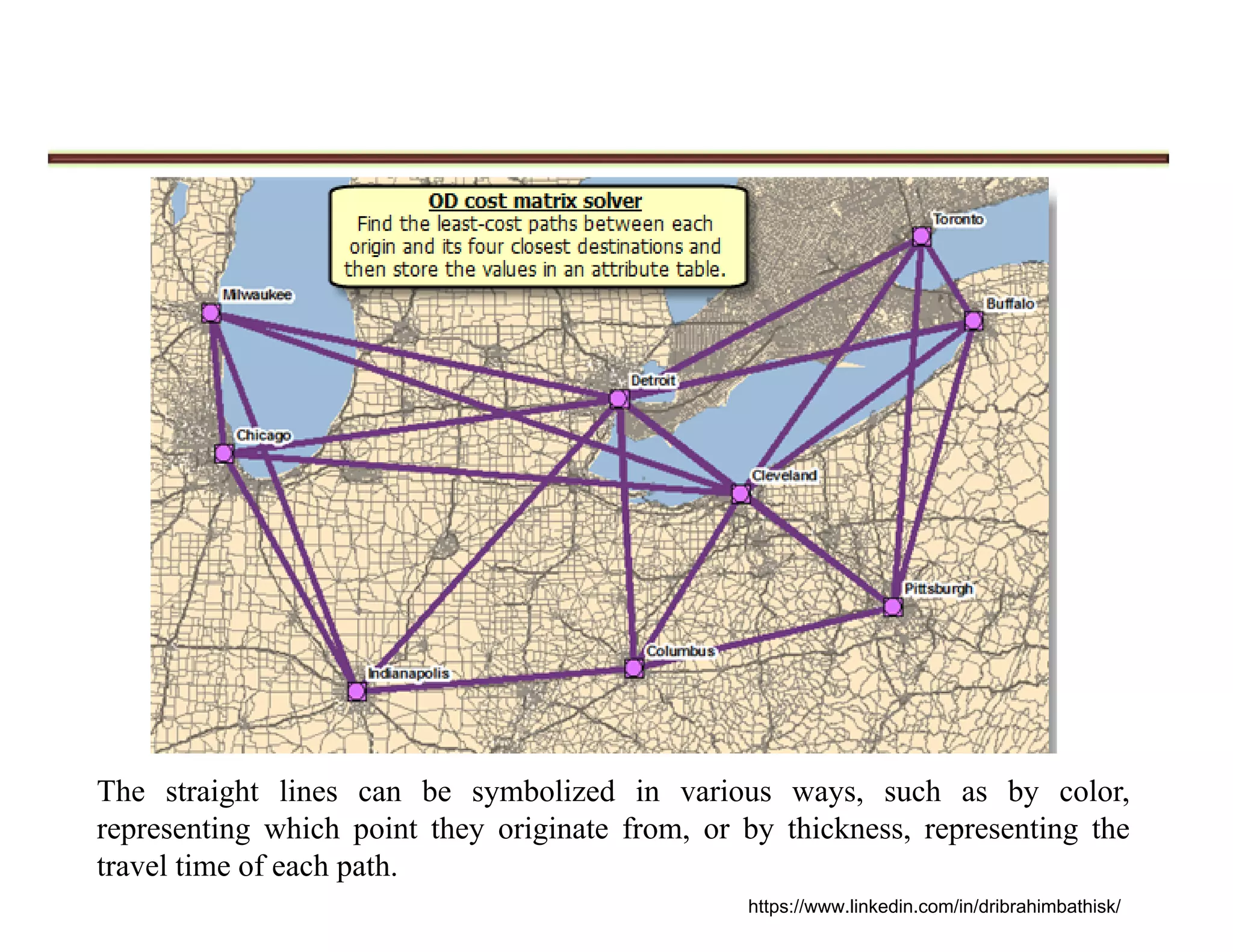 The straight lines can be symbolized in various ways, such as by color,
representing which point they originate from, or by thickness, representing the
travel time of each path.
https://www.linkedin.com/in/dribrahimbathisk/
 