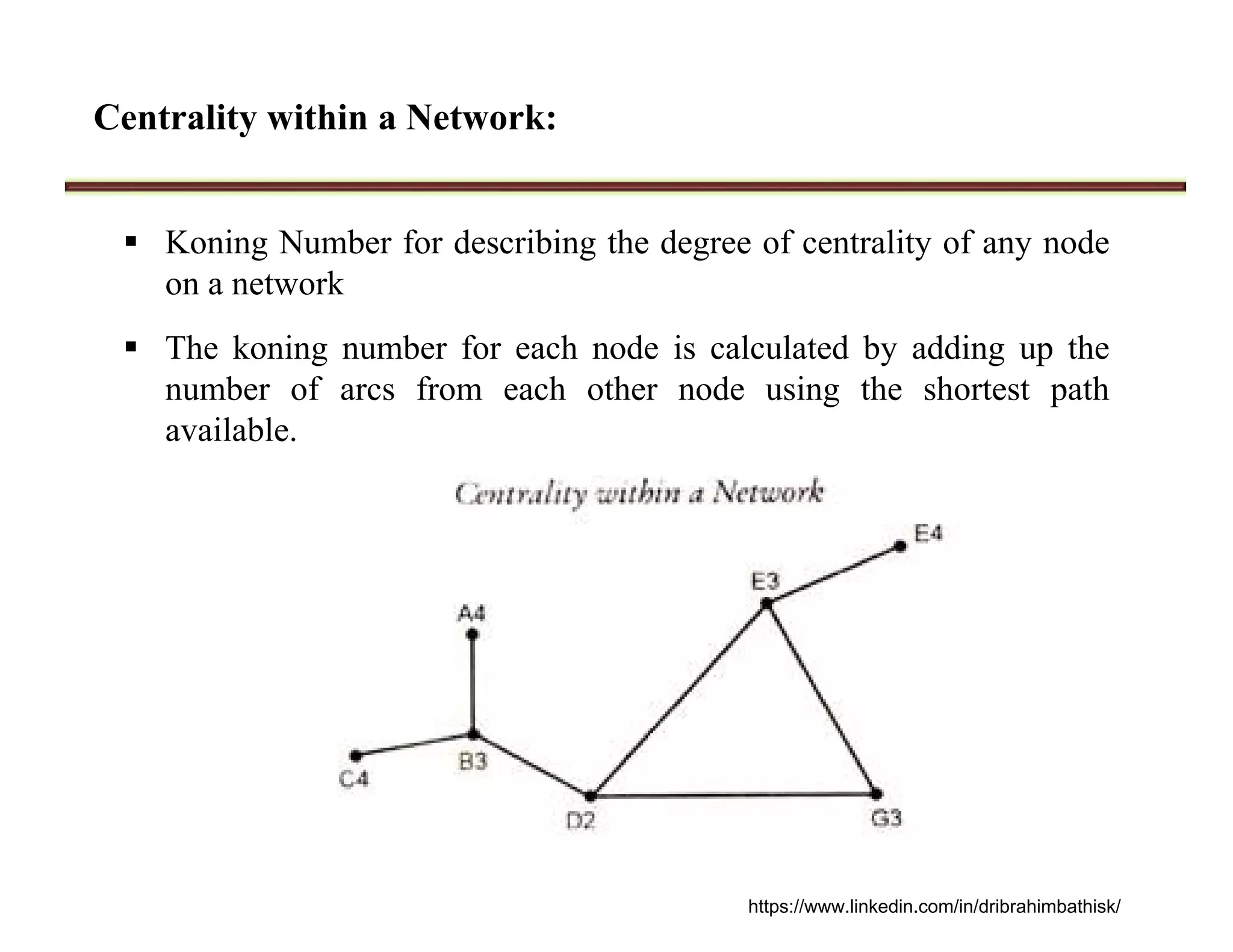 Centrality within a Network:
 Koning Number for describing the degree of centrality of any node
on a network
 The koning number for each node is calculated by adding up the
number of arcs from each other node using the shortest path
available.
https://www.linkedin.com/in/dribrahimbathisk/
 