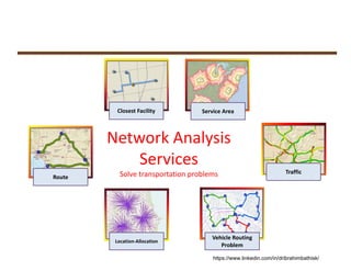 Route
Closest Facility
Vehicle Routing
Problem
Location‐Allocation
Network Analysis 
Services
Solve transportation problems Traffic
Service Area
https://www.linkedin.com/in/dribrahimbathisk/
 