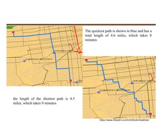 The quickest path is shown in blue and has a
total length of 4.6 miles, which takes 8
minutes
the length of the shortest path is 4.5
miles, which takes 9 minutes
https://www.linkedin.com/in/dribrahimbathisk/
 