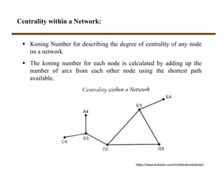 Centrality within a Network:
 Koning Number for describing the degree of centrality of any node
on a network
 The koning number for each node is calculated by adding up the
number of arcs from each other node using the shortest path
available.
https://www.linkedin.com/in/dribrahimbathisk/
 