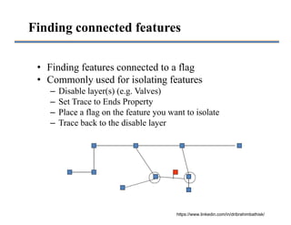 Finding connected features
• Finding features connected to a flag
• Commonly used for isolating features
– Disable layer(s) (e.g. Valves)
– Set Trace to Ends Property
– Place a flag on the feature you want to isolate
– Trace back to the disable layer
https://www.linkedin.com/in/dribrahimbathisk/
 