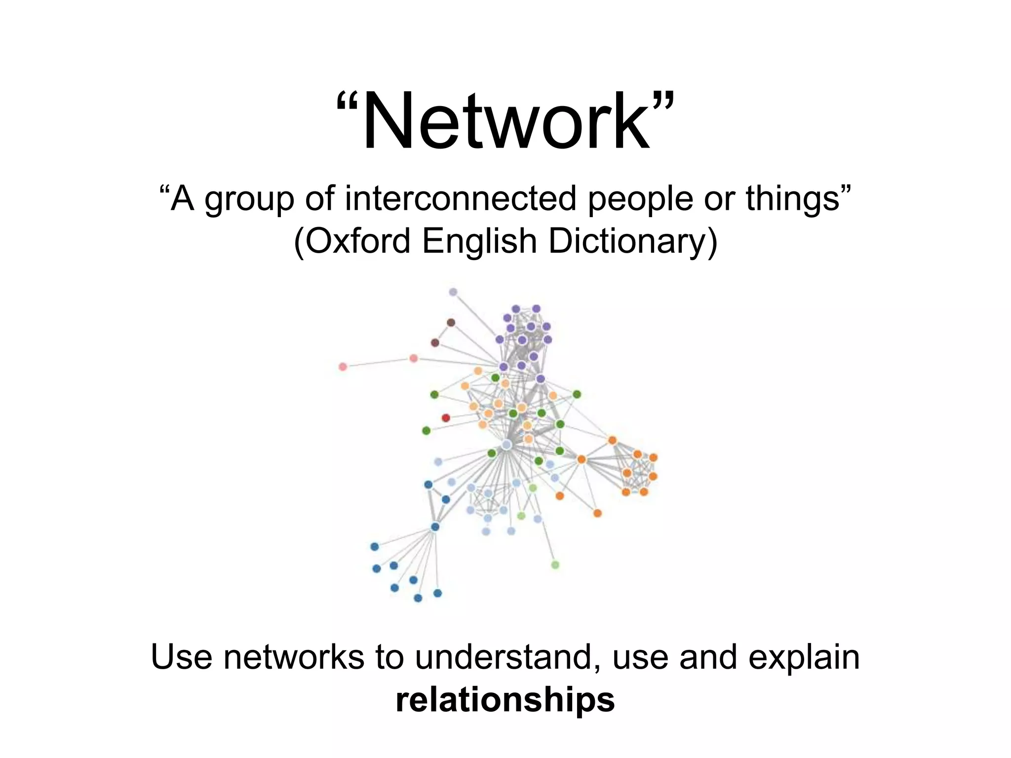 “Network”
“A group of interconnected people or things”
(Oxford English Dictionary)
Use networks to understand, use and explain
relationships
 